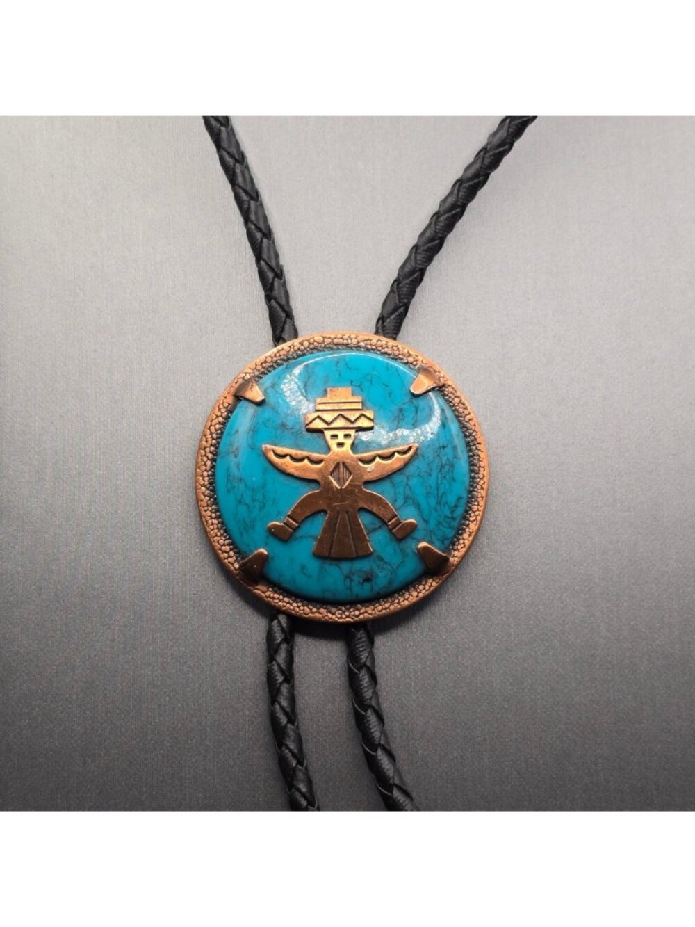 VTG Bell Trading Post Copper Faux Turquoise Birdman Bolo Tie Southwestern Boho - Picture 5 of 11
